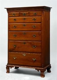 Lot 65: Fine Chippendale PA. walnut tall chest, three over five drawers, fluted quarter column, ogee feet, old brass, 65"H. x 40"W.