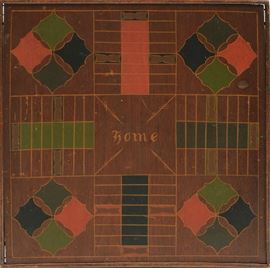 Lot 64: 19th C. double sided paint decorated walnut game board, 18.5" square