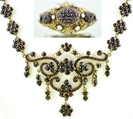 Lot 69: Antique gold garnet necklace and brooch