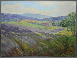Lot 73: Oil on canvas, Orfordville Road, Baker Pond 1940, signed H. R. MacGinnis, 30" x 40"