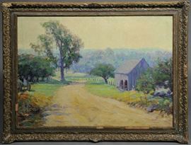 Lot 72: Oil on canvas, Road by the Lake, with Allied Artist's of America 13th Annual Exhibition label on reverse, signed H. R. MacGinnis, 30" x 40"