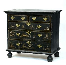 Lot 75: 18th C. Boston area ball foot two over three drawer chest with Japanned decoration, maple with pine secondary, 36.5"W. x 37"H.