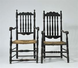 Lot 78: Two similar 18th C. bannister back New England armchairs, in black paint (on choice)