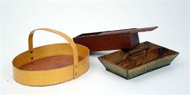 Lot 91: Three piece country lot, green paint decorated knife tray, red slide box and carrier, 12.5"L. & 12"L. & 15"L. respectively