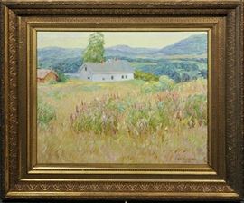 Lot 94: Oil on canvas, New England Farmhouse, with Salmagundi Club label on reverse, signed H. R. MacGinnis 1933, 25" x 30"