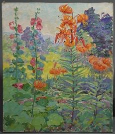 Lot 98: Oil on canvas, Garden, Upper Baker, 1930, signed H. R. MacGinnis, 30" x 25"