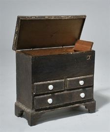 Lot 102: Choice late 18th/ early 19th C. miniature grain painted blanket chest, two over one drawer, 11"H. x 11"W.