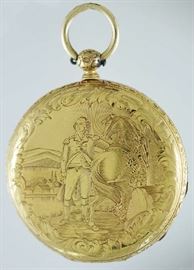 Lot 111: 18kt gold Hunter case pocket watch, key wind, signed M. Tobias, scenic engraved case - G. Washington, 1.8" case, 59 grams