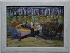 Lot 118: Oil on masonite, Provincetown Peddler 1924, with exhibition history label on reverse, signed H. R. MacGinnis, 12" x 16"