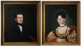 Lot 132: Pair of early 19th C. portraits of Elisha Franklin Hight and Elizabeth Hannaford Hight of Saco,ME. attributed to Wm. S. Gookin - directly from family, 32" x 27"