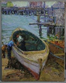 Lot 137: Oil on canvas, Provincetown Dock Hands 1925, with exhibition history label on reverse, signed H. R. MacGinnis, 26"x 20"