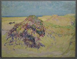 Lot 138: Oil on canvas, Sand Dunes, Provincetown 1925, H. R. MacGinnis estate label on reverse, by H. R. MacGinnis, 20" x 26"