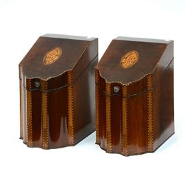 Lot 143: Good pair of inlaid George III knife boxes, 8.5"W. x 14"H.