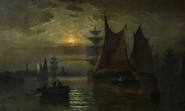 Lot 144: Large oil painting of ships, WH Howard, London 1881, 22" x 36"