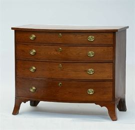 Lot 145: Federal cherry bow front graduated four drawer chest on flared French feet, inlaid clean, 41"W. x 32"H. x 21"D., ca.1820