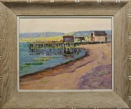 Lot 147: Oil on canvas, Cape Breton Fisherman's Pier, with exhibition history label on reverse, signed H. R. MacGinnis, 16" x 20"