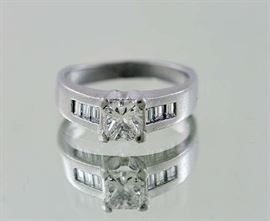 Lot 151: Platinum diamond ring 1.01 ct princess cut diamond H-I/ VS stone with other diamonds, IGI report