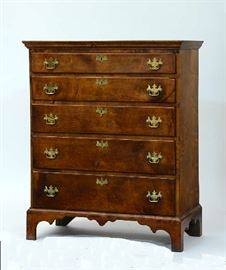 Lot 150: Chippendale maple graduated five drawer chest with cornice molded top on bracket base, 36"W. x 46"H. x 18.5"D.