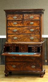 Lot 185: 18th C. Chippendale two part butlers chest on chest with dentil molded top - uppercase with arrangement of five drawers - lowercase with arrangement of three drawers including butlers drawer with fitted interior, 42"W. x 75"H. x 21"D.