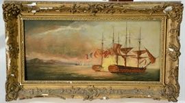 Lot 192: Good pair of 19th C. ship paintings on poplar board, 6" x 13", well done in period frames