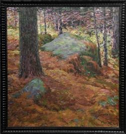 Lot 197: Oil on canvas, Baker Pond, Orford N.H., signed H. R. MacGinnis, 40" x 36"