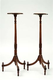 Lot 203: Pair of English Regency torcheres, well carved mahogany with tray tops, ca.1810