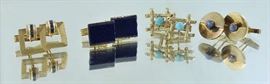 Lot 204: Jewelry: Four pairs of 14k gold cuff links set with turquoise, lapis and sapphire, 58.7 grams