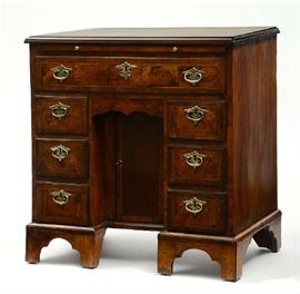 Lot 205: Fine English George I knee hole walnut desk, small size, 28.5"W. x 31.5"H.