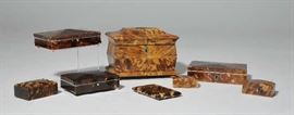 Lot 206: Collection of 19th C. boxes, tortoise shell including tea caddy with inserts and small boxes