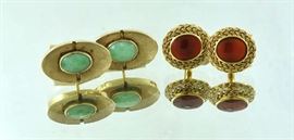 Lot 221: Pair of 18k gold and carnelian cufflinks 12.1 grams with a pair of 14k gold and green jade cufflinks, 18.8 grams