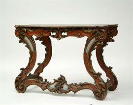 Lot 225: Good 19th C. or earlier Italian painted and parcel gilt console table, 52"L. x 37"H.