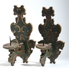 Lot 228: Pair of 18th C. Italian painted and parcel gilt wood wall sconces (pricket), 25.5"H.
