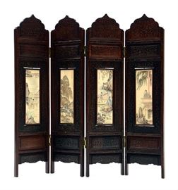 Lot 238: Chinese silver inlaid and rosewood four panel table top folding screen with painted swiveling panels, 15"H. x 15"L.