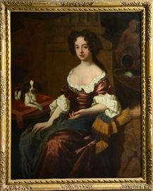 Lot 247: 18th C. portrait of Lady Cutts with dog, with label on reverse Kneller, 49" x 39"