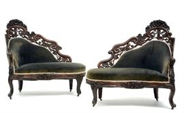 Lot 250: Good pair of John Belter rosewood small size Recamier's, Tuthill King pattern, 38"H. x 42"L.