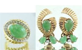 Lot 254: 18k yellow jade and diamond ring 11.4 grams with a pair of jade and diamond earrings 8.8 grams