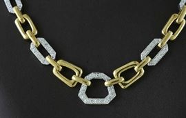 Lot 257: 18k yellow gold linked necklace, five white gold links set with approx. 2 ctw diamonds ,16"L. , 89 grams