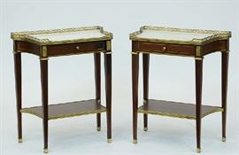 Lot 267: Pair of quality Louis XVI style French marble top stands with one drawer, 27.5" x 19"W