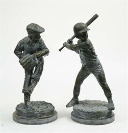 Lot 282: Pair of bronze kids playing baseball pitch and hit, signed Jim Davidson, 42" and 45"H.