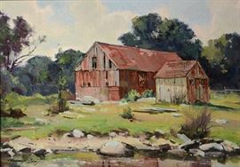Lot 283: Oil on wood board, Old Red Barn, by Bernard Corey, 10" x 14"