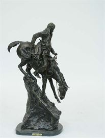 Lot 293: Large bronze horse and rider, after F. Remington, 39.5"H.