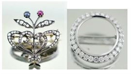 Lot 319: Two 14k gold pins, flower with rose cut diamonds ruby and sapphire with a diamond circle pin approx. 3 ctw diamond