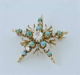 Lot 339: Antique 14k yellow gold star pin set with approx. .70 ct diamond and other diamonds and turquoise, 1.5"H
