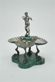 Lot 364: Elaborate silver serving dish on malachite base, Neptune figure with removable trident for serving, ca.1900, "800" silver, 13"H. x 7"W. x 9"D.