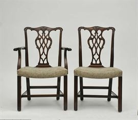 Lot 365: Quality set of eight Chippendale style dining chairs, mahogany with carved and pierced backs