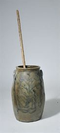 Lot 408: Large stoneware butter churn, unique overall cobalt design, 19.25"H.