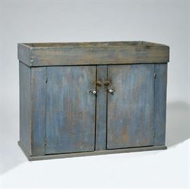 Lot 415: County 19th C. dry sink, double doors, old blue paint, 42"W. x 32"H. x 19"