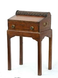 Lot 417: Federal cherry one drawer portable writing desk with mechanical tambour slide revealing compartments on later stand, 20"W.