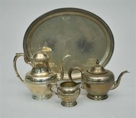 Lot 416: Three piece sterling tea set with 800 silver tray marked J. Dux (4 pcs.), 60 Toz.