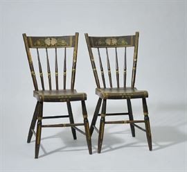 Lot 425: Set of six PA. paint decorated mid 19th C. plank seat chairs